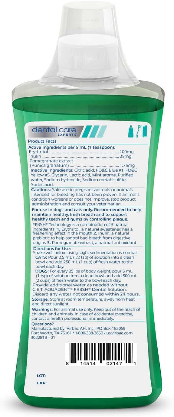 Virbac C.E.T. AQUADENT® FR3SH® Dental Solution for Dogs & Cats - Supports Dental Health & Fresher Breath - VOHC Approved for Dogs (500 ml)