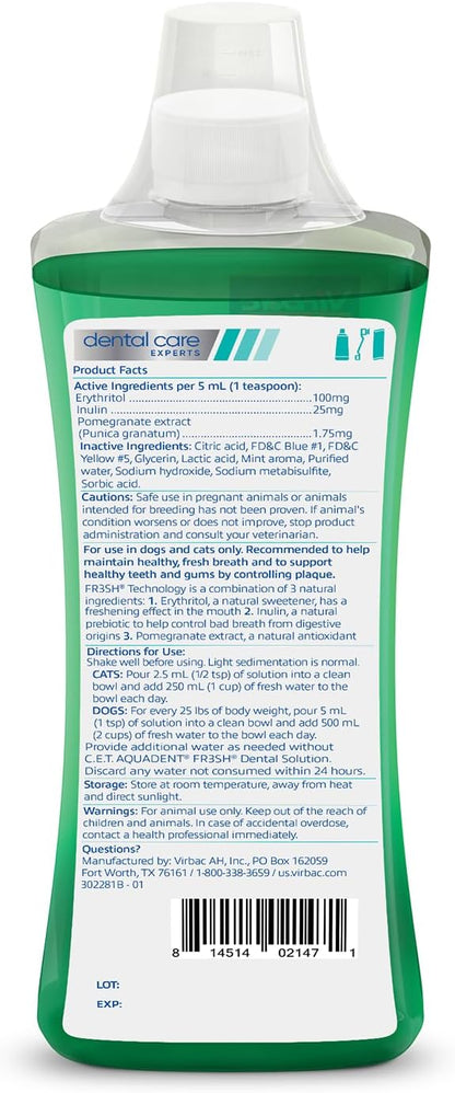 Virbac C.E.T. AQUADENT® FR3SH® Dental Solution for Dogs & Cats - Supports Dental Health & Fresher Breath - VOHC Approved for Dogs (500 ml)