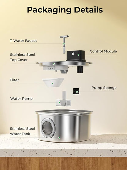Voluas Stainless Steel Cat Water Fountain, Wireless, 108oz/3.2L, 4Filter | Cordless Design, T-Shaped Dual Water Outlet, Ultra-Quiet Pump, BPA-Free