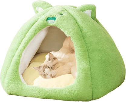 Cat House, Cat Beds with Removable Cushion for Indoor Cats, Pet Cat Litter Large Yurt, Cat Beds for Indoor Easy to Clean Cat Bed Cave,Self Heating Cat Pad (Green,X-Large)