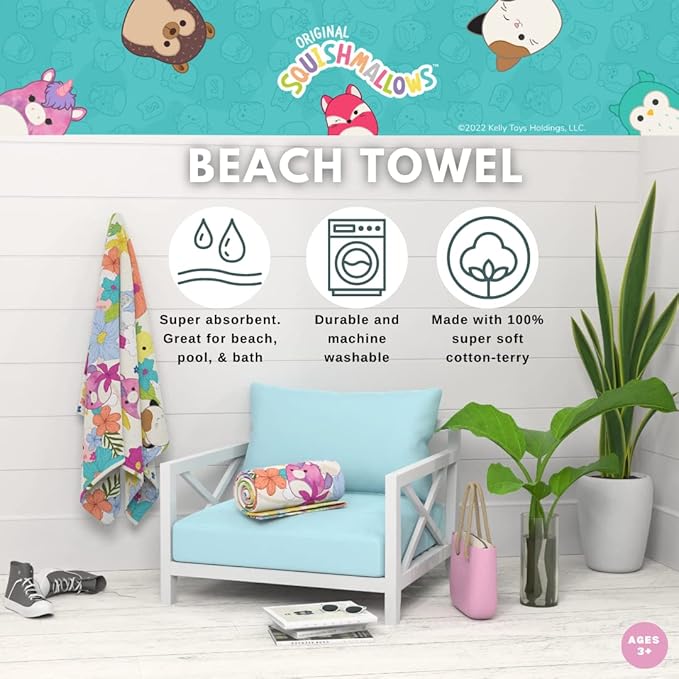 Franco Collectibles Squishmallows Super Soft Cotton Bath/Pool/Beach Towel, 60 in x 30 in, (Official Licensed Squishmallows Product)