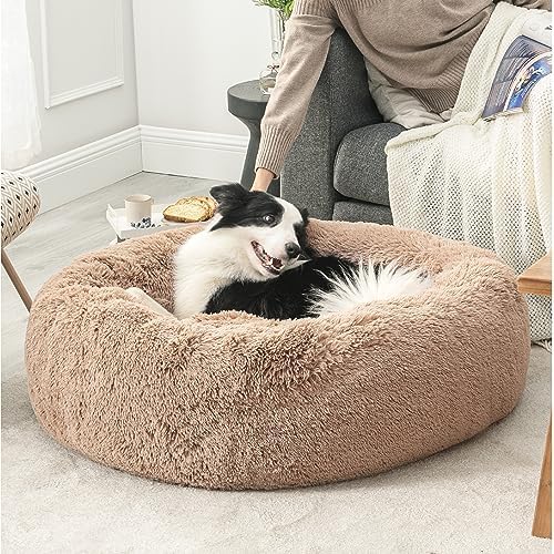 Bedsure Calming Dog Beds Large Sized Dog Donut Washable Pet Bed,36ins Camel