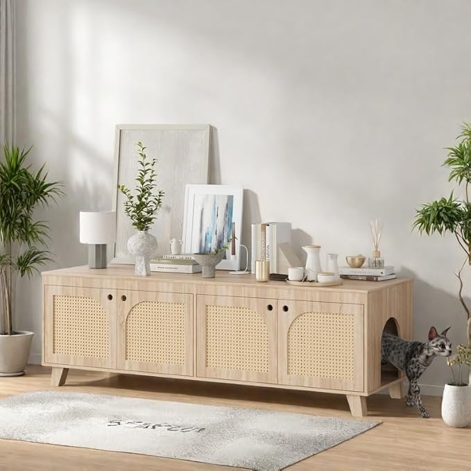 FONTOI Rattan Cat Litter Box Enclosure with Decorated Doors, Wooden Pet Washroom with Two Entrances, Double Hidden Litter House with Non-Slip Feet, Enclosure Furniture Cabinet for Two Cats
