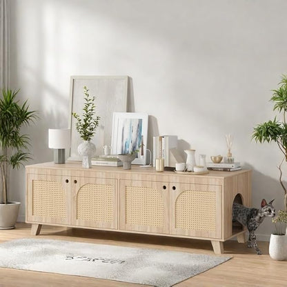 FONTOI Rattan Cat Litter Box Enclosure with Decorated Doors, Wooden Pet Washroom with Two Entrances, Double Hidden Litter House with Non-Slip Feet, Enclosure Furniture Cabinet for Two Cats