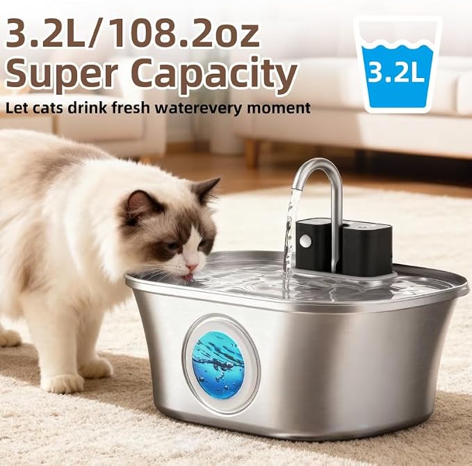 Casfuy PWL-300 Wireless Smart Quiet Stainless Steel Cat Water Fountain, 108-oz