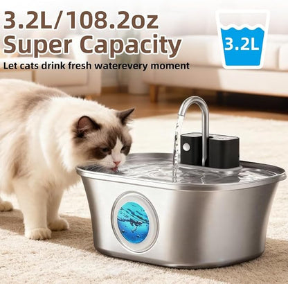 Casfuy PWL-300 Wireless Smart Quiet Stainless Steel Cat Water Fountain, 108-oz