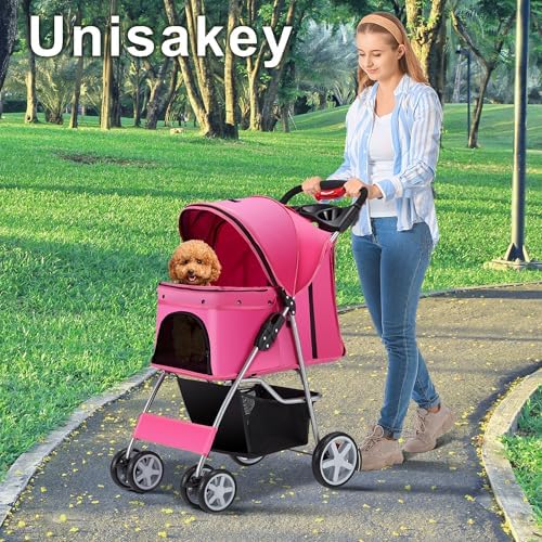 Unisakey Foldable 4-Wheel Pet Stroller for Dogs Cats 10-33lbs, Pink
