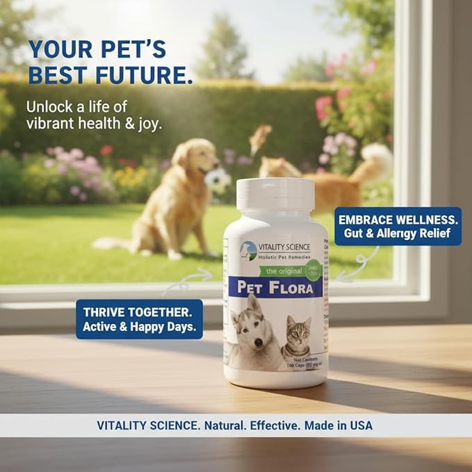 Vitality Science Pet Flora – Natural Probiotics for Cats & Dogs | Digestive Support Supplement | Cat Constipation & Dog Gas Relief | Daily Gut Health Probiotic (250 Capsules)