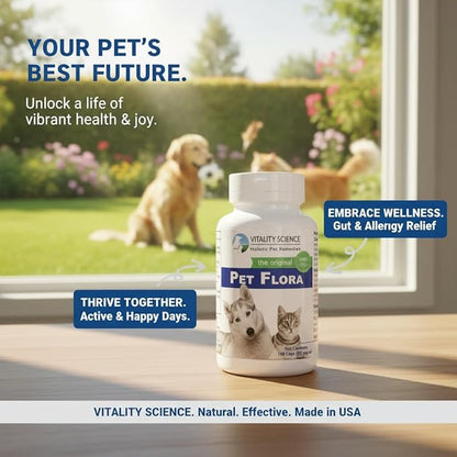 Vitality Science Pet Probiotic for Cats & Dogs | Pet Flora - Great for Diarrhea, Vomiting, Gas, Skin Conditions - Additive Free (500 Caps)