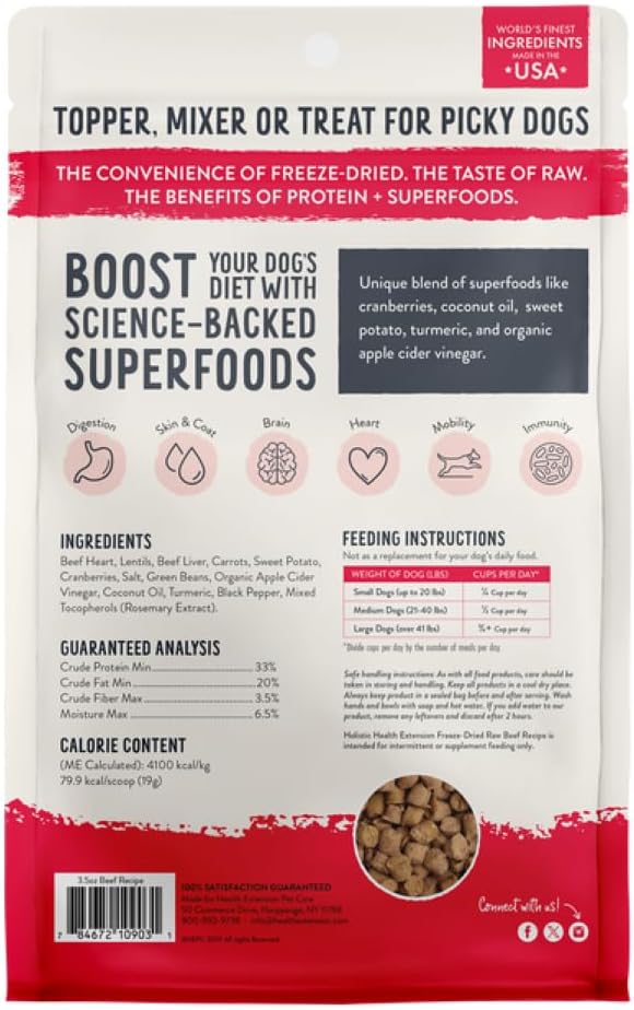 Health Extension SuperBites Freeze-Dried Raw Beef Meal Mixer for Dogs, (3.5 oz, 99.2 g) – Premium Blend with Raw Proteins and Superfoods for Optimal Nutrition