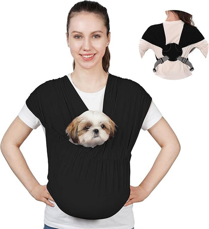 Supet Dog Sling Carrier for Small Pets, Hands Free Cat Sling, Reducing Back Neck Pain Anti-Anxiety Puppy Front, Adjustable Soft Dog Carrying (Black-2, Plus 7-15 Lbs)