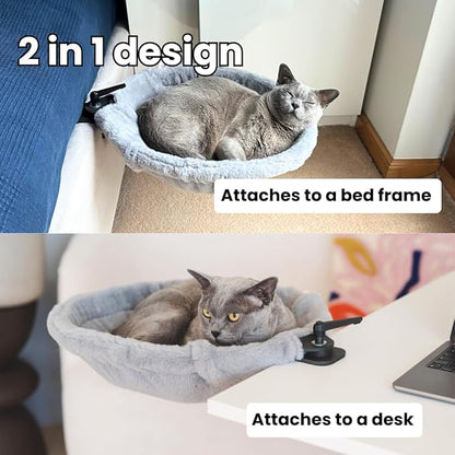 Cat Desk Bed – 180° Rotating & Adjustable Cat Hammock, 2 Washable Covers, Supports 40 lbs, Non-Slip Clamp, Soft Faux Fur, Space-Saving Design for Home Office, Remote Workers, Gamers