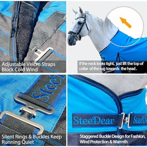 1200D Horse Blanket,Turnout Rain Sheet(No Fill),Blue/Black 78''