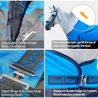1200D Horse Blanket,Turnout Rain Sheet(No Fill),Blue/Black 78''
