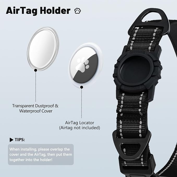 Taglory AirTag Dog Collar with Waterproof Holder for Large Dogs, Black, XL | Reflective for Night Walks & Low-Light Safety, Track Your Pup Peace of Mind, Adjustable Soft Padded, No More Dangling Tags