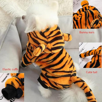 Dog Tiger Halloween Costume Cat Hoodies with Bunny Ears and Tail Puppy Warms Hooded Coat Pet Winter Clothes for Small Medium Dogs Kitten Kitty. (Orange, Small)