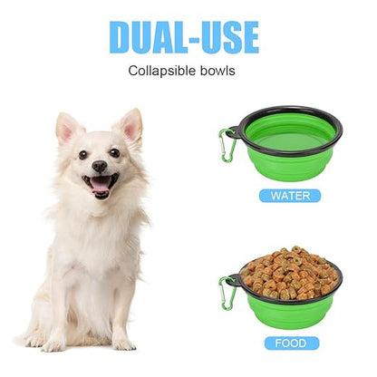 2 Pack Large Size Collapsible Dog Bowl, Food Grade Silicone BPA Free, with Carabiner Clip Foldable Expandable Cup Dish for Pet Cat Food Water Feeding Portable Travel Bowl (Blue & Green)