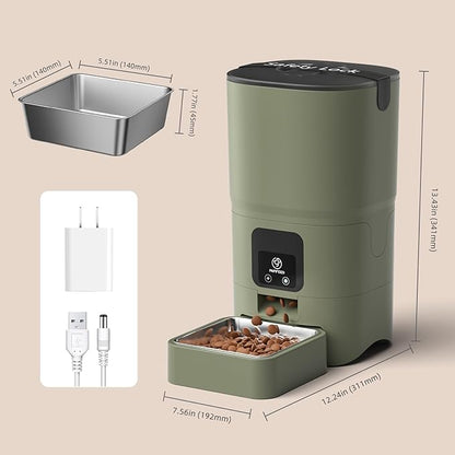 PAPIFEED Automatic Cat Feeder, 2.4G WiFi Cat Food Dispenser with App Control, 6L Timed Cat Feeders for Dry Food, Detachable for Easy Clean, Dual Power Supply, up to 10 Meals per Day, Army Green