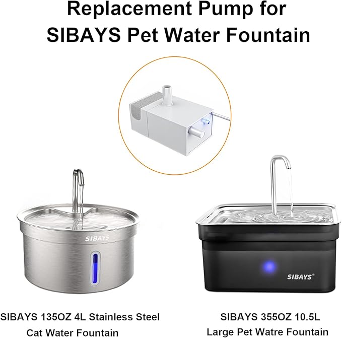 SIBAYS Replacement Pump for 10.5L/355oz/2.8Gal Large Pet Water Fountain(FS70), Ultra Quiet Dog Water Fountain Pump with LED Shortage Reminder P07