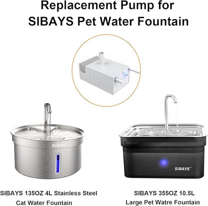 SIBAYS Replacement Pump for 10.5L/355oz/2.8Gal Large Pet Water Fountain(FS70), Ultra Quiet Dog Water Fountain Pump with LED Shortage Reminder P07