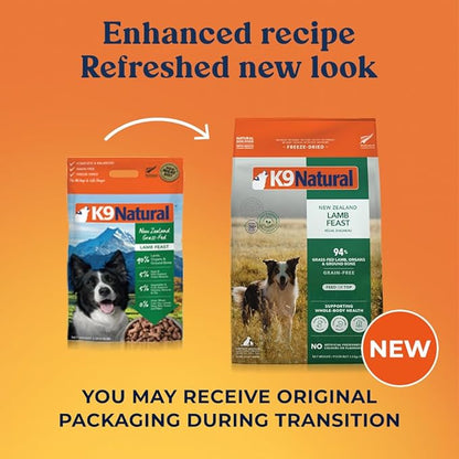 K9 Natural Lamb Freeze Dried Dog Food, High-Meat Natural Complete Meal or Meal Toppers for Dogs, Grass-Fed Lamb from New Zealand, Grain-Free, GMO-Free, Complete & Balanced Nutrition, 8lb