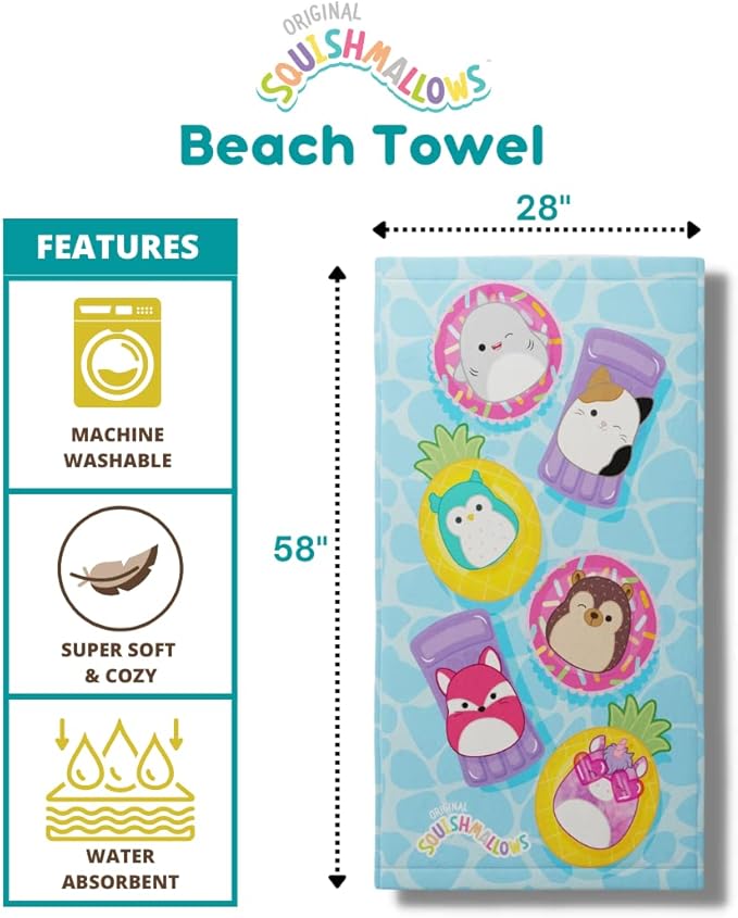 Franco Squishmallows Super Soft Cotton Bath/Pool/Beach Towel, 58 in x 28 in