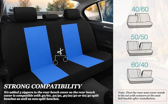 Tapha Universal Car Seat Covers Full Set - Front and Rear Split Bench, Easy to Install, Breathable and Washable Universal Interior Covers for Auto, SUV, Sedan, Van, Airbag Compatible, Black & Blue