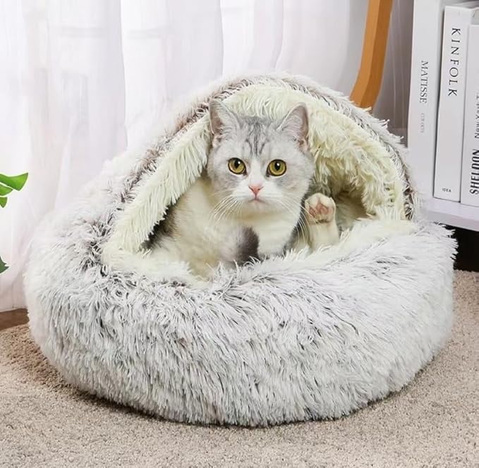 Cat Bed Round Fluffy Hooded Cat Bed Cave, Anti-Anxiety Cave Bed with Hooded Blanket, Cozy Cuddler Luxury Puppy Pet Bed, Anti-Slip Bottom and Machine Washable (Coffee, Medium)