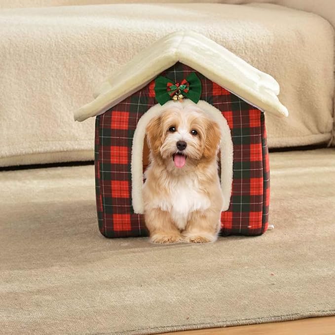 Christmas Cat Bed for Indoor Cats Plaid Xmas Cat Tent Cats Bed Cave for Pets Kittens and Dogs (Christmas Plaid, L (20.5 X 17 X 19.7 Inch))