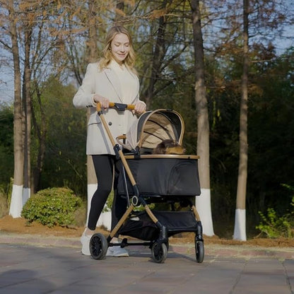 3-in-1 Pet Stroller with Detachable Carrier, Luxury Dog Stroller for Small Dogs & Cats, Lightweight Foldable Cat Stroller with 360° Rotating Wheels, Travel Friendly, Classic Brown