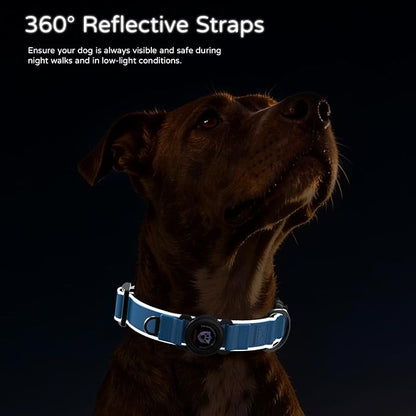 Airtag Dog Collar, Dog Collar with airtag Holder, IP68 Waterproof Leather Dog Collar with Metal Buckle & Lockable Airtag Holder, Heavy Duty Adjustable for Small Medium Large Dogs (Blue M)