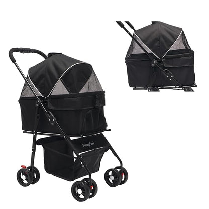 SUNNYFEEL Pet Stroller for Small Dogs and Cats, Iron Two-in-one Split, One-Click Foldable Dog Stroller, Holds up to 45 lbs, Storage Basket & Side Bag, Breathable Mesh, Black-pro