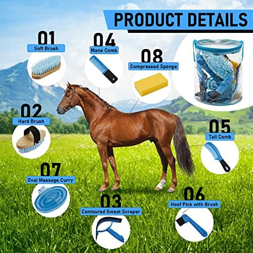 Cunhill 9 Pcs Horse Grooming Kit Tack Room Supplies, Cute, Blue