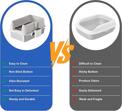 Non-Stick Stainless Steel Litter Box, Side Opening Splash-Proof & Leak-Proof Large Metal Cat Litter Box with Lid & Scoop, Easy-Clean & Durable, 8'' Deep White