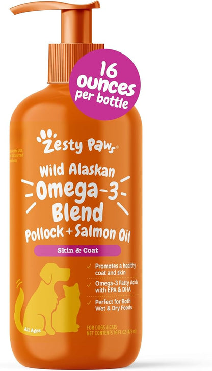 Zesty Paws Wild Alaskan Omega-3 Blend Pollock + Salmon Oil for Dogs and Cats- Skin and Coat Support, Omega 3 Supplement for Pets, 16oz