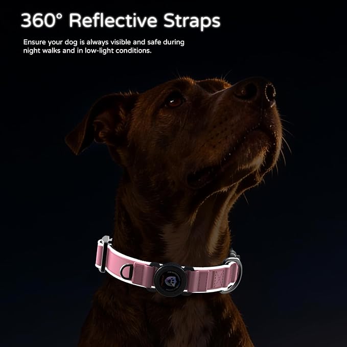 Airtag Dog Collar, Dog Collar with airtag Holder, IP68 Waterproof Leather Dog Collar with Metal Buckle & Lockable Airtag Holder, Heavy Duty Adjustable for Small Medium Large Dogs (Pink L)