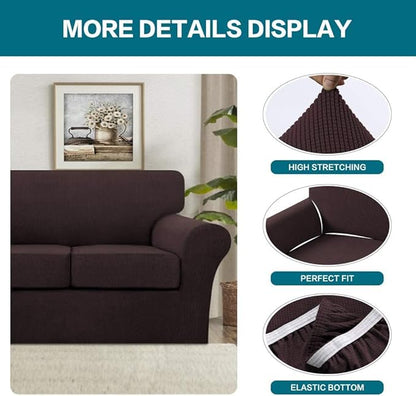 Turquoize 4 Piece Sofa Covers for 3 Cushion Couch Sofa Slipcover Soft Couch Cover for Dogs-Washable Sofa Furniture Covers with 3 Individual Large Cushion Covers Jacquard Fabric (XL Sofa, Brown)