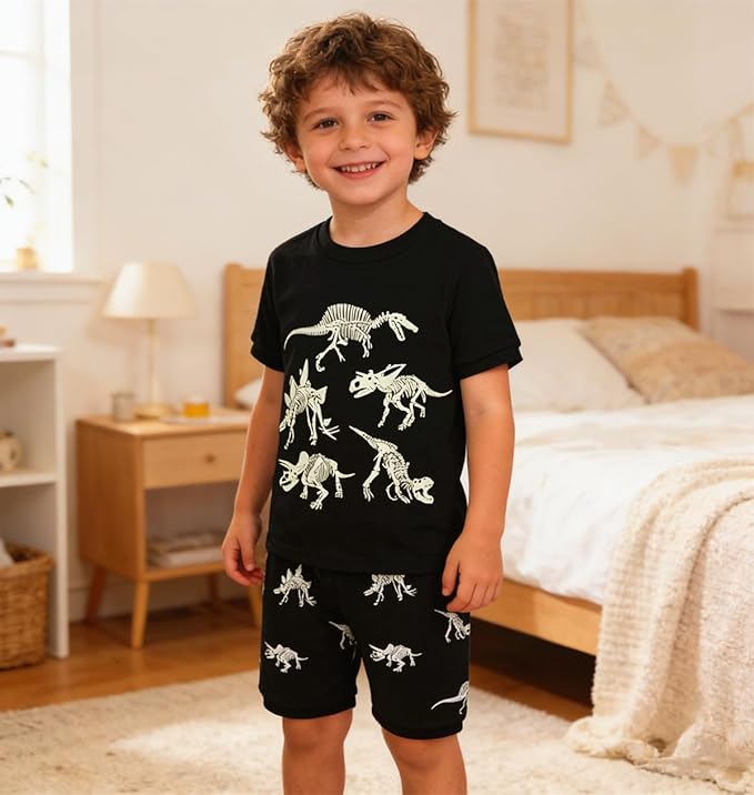 Popshion Boys Pajamas 100% Cotton Toddler Clothes Summer Pjs for Boy Planet Dinosaur Sleepwear Kids Short Sets 2-10 Years