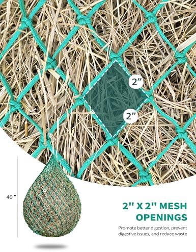 Harrison Howard Slow Feed Hay Net for Horses, 40 Inch Hay Bag Holds 1–2 Flakes, 2 Inch Mesh Durable Hanging Feeder for Stable, Pasture & Livestock-Grass Green