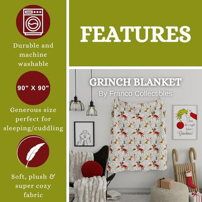 Dr. Seuss The Grinch Holiday Bedding Super Soft Plush Micro Raschel Blanket, 90 in x 90 in, (Official Licensed Product) By Franco