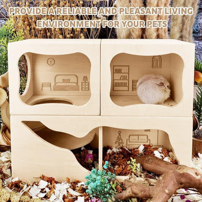 Hamster Hideout Wooden House,Hamsters Multi Chamber Hideout,Small Animal Habitat for Clear Observation,Hamster Toys for Dwarf Hamstersm,Gerbils, Hedgehogs, Rats, Mice