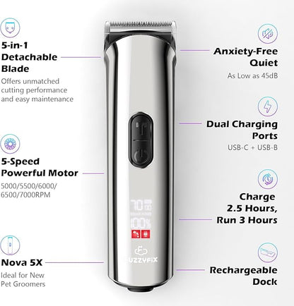 Professional Dog Grooming Clippers with Charging Dock, 5-in-1 Adjustable Blade Cordless Pet Grooming Kit 5 Speed Rechargeable Trimmer Hair Shaver with Detachable Guide Combs for Animal Horse