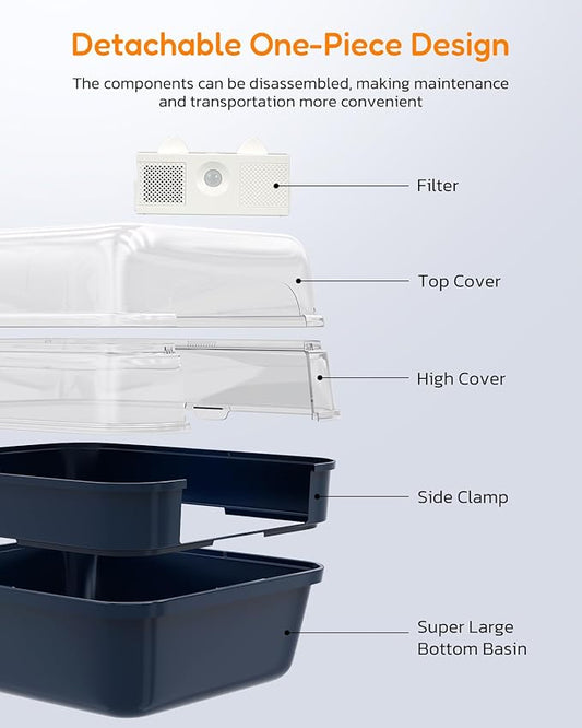 Large Cat Litter Box with Transparent Lid, Foldable Hooded Litter Box with Front Door Flap for Privacy, Easy Clean Non-Sticky Litter Box with Intelligent Deodorizing, (21.6" L x 17.8" W x 17.3" H)