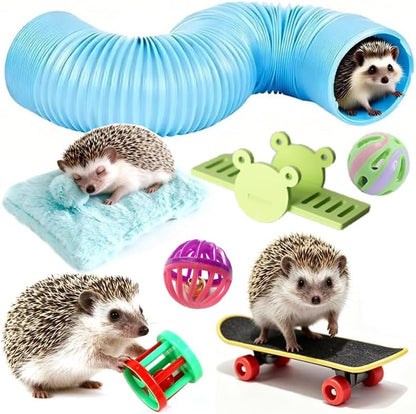 Hedgehog Ferret Enrichment Toys Set, Includes Hideout Tunnel, Skateboard, Ball Bell, Cozy Bed, and Seesaw, 5 Piece Hamster Small Animal Tunnel Hide