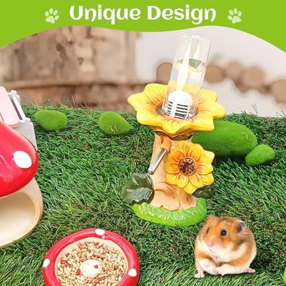 BNOSDM Hamster Water Bottle No Drip Ceramic Hamster Water Bottle for Glass Tank - 80ML Water Dispenser with Yellow Sunflower Stand Holder for Syrian Hamsters Dwarf Hamsters Mice Gerbils