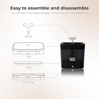 Penthouse Paws Smart Cat Water Fountain 2.2L, App Controlled Automatic Water Dispenser, Ultra Quiet Pump, 5-Stage Filter, Whisker Friendly Bowl, for Cat & Dog, Black