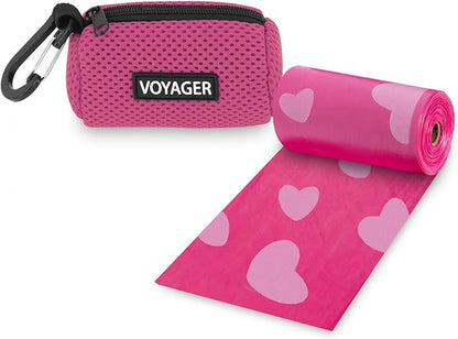 Best Pet Supplies Dog Poop Bag Holder Leash Attachment with 15 Bags, Fuchsia, Reusable Mesh Dispenser Pouch for Travel, Walking, Park, and Outdoor Use, Soft and Durable with Clip-On
