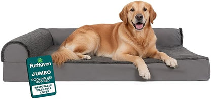 Furhaven Cooling Gel Dog Bed for Large Dogs w/ Removable Bolsters & Washable Cover, For Dogs Up to 95 lbs - Plush & Velvet L Shaped Chaise - Platinum Gray, Jumbo/XL