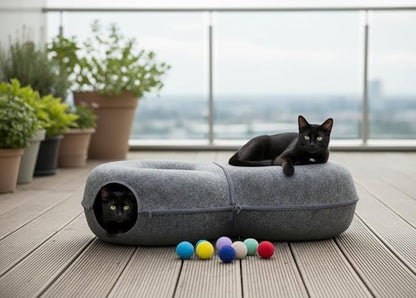 Extra Large 8-Shaped Cat Tunnel Bed 38 x 24 x 11 Inch for Indoor Cats – 2 in 1 Plush Cat Cave & Play Tunnel with Hanging Toy Balls & Bonus Bird Toy, Cozy Hideout for Multiple Cats (Dark Grey)