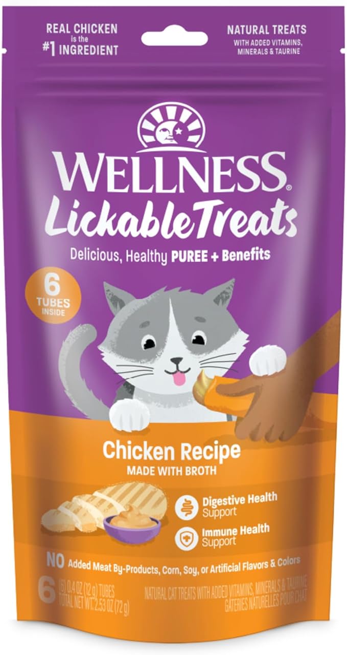 Wellness Lickable Treats Soft Puree Natural Grain Free Adult Cat Treats, Chicken Recipe, Contains 6-0.4 Ounce Squeezable Tubes